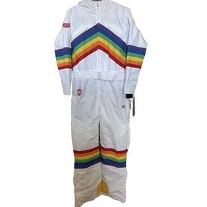 Tipsy Elves White Ski Jacket with Rainbow Stripes